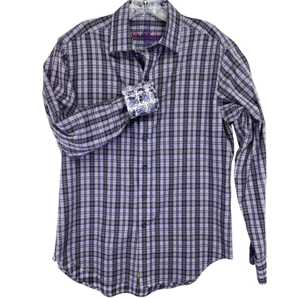 Robert Graham Mens Sz Medium Purple/Black/ White Flip Cuff Dress Shirt (H33)